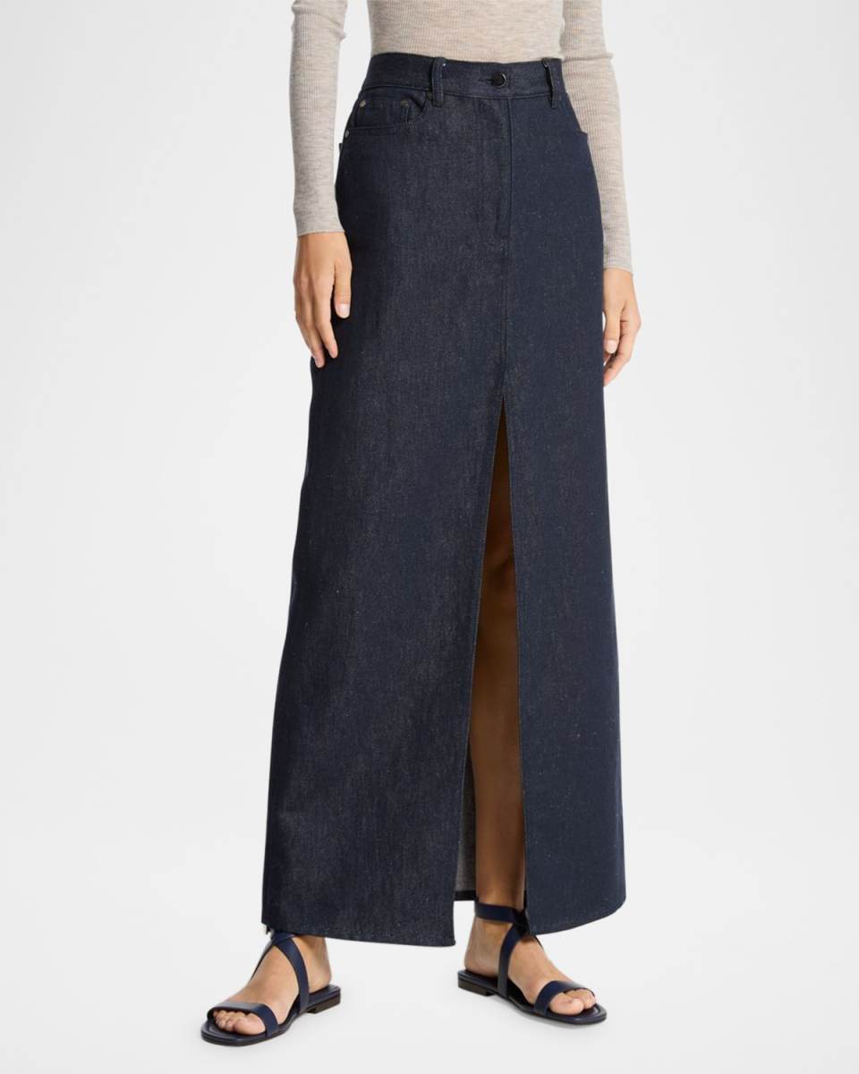 Cotton-Linen Denim Slit Maxi Skirt